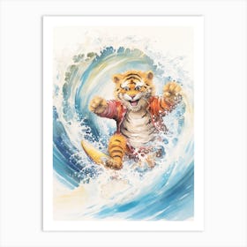 Tiger Illustration Surfing Watercolour 4 Art Print