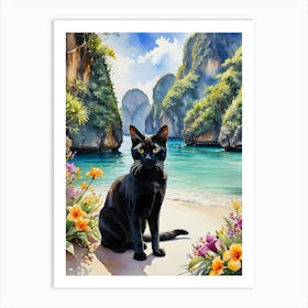 Black Cat in Maya Bay - Watercolour Black Cat Travels Art Print of Maya Bay Phi Phi Islands The Beach Thailand - Exotic Tropical Paradise Backpacker Landscape Scenery Pagan Witch Wicca Gallery Feature Wall Travelscape HD Art Print