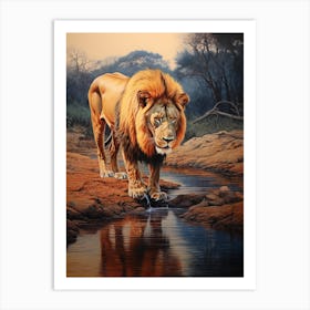 African Lion Drinking From A Stream Realistic 6 Art Print