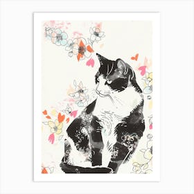Cute Black And White Cat With Flowers Illustration 1 Art Print