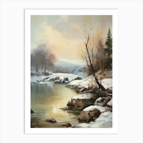 Ancient landscapes, old winter oil paintings and rocks around the lake bank. Snow is falling on the lake, old colors.16 1 Art Print