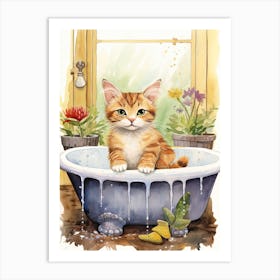 Manx Cat In Bathtub Botanical Bathroom 1 Art Print