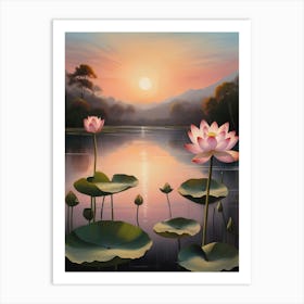 Beautiful India National Flower the Lotus Flower Sunset Painting Art Print