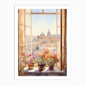 Window View Of Valletta Malta In Autumn Fall, Watercolour 4 Art Print