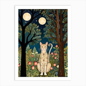 William Morris Style Cat In The Moonlight 1 Art Print