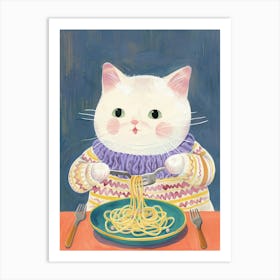 White Cat Pasta Lover Folk Illustration 2 Art Print