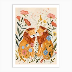 Folksy Floral Animal Drawing Lion Art Print