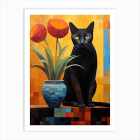 Black Cat With Tulips 2 Art Print