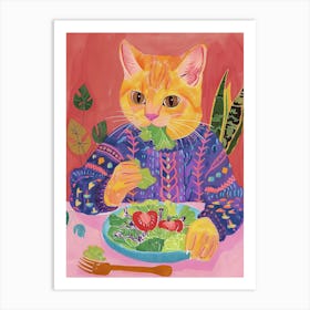 Tan Cat Eating A Salad Folk Illustration 4 Art Print