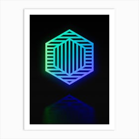 Neon Blue and Green Abstract Geometric Glyph on Black n.0363 Art Print