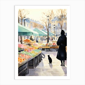 Food Market With Cats In Paris 3 Watercolour Art Print