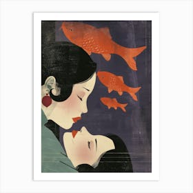 Asian Woman Kissing Fish Art Print