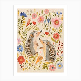 Folksy Floral Animal Drawing Hedgehog Art Print