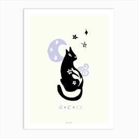 Magic Black Cat With Moon And Stars Lavender Art Print