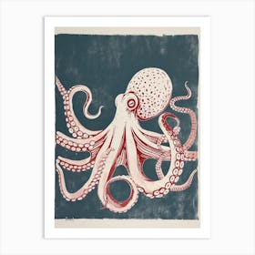 Red Octopus In The Ocean Linocut Inspired  5 Art Print