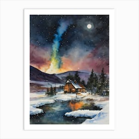 Magical Geyser in Iceland ~ Scenic Watercolor of Magic Icelandic Winter Cottage ~ Witchy Pagan Beautiful Watercolor Far North Spellwork Fairytale Dreamy Painting On a Full Moon Stargazer Northern Lights Aurora Borealis Dream Art Print
