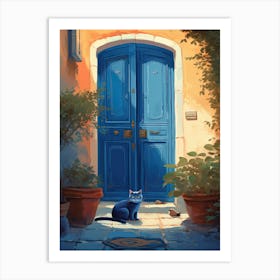 Black Blue Cat Mediterranean Blue Door Art Print
