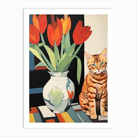Tulip Flower Vase And A Cat, A Painting In The Style Of Matisse 1 Art Print