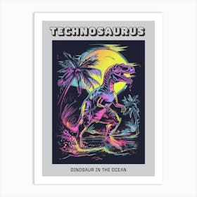 Black & Neon Dinosaur At Night In The Ocean Poster Art Print