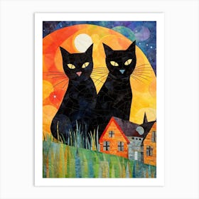 Cats In The Field With A Medieval Village In The Background 3 Art Print