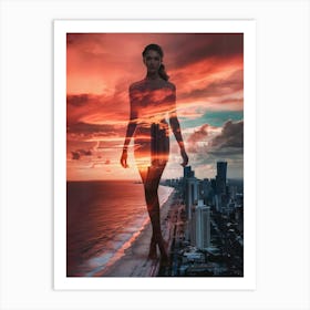 Sunset Woman On The Beach Art Print