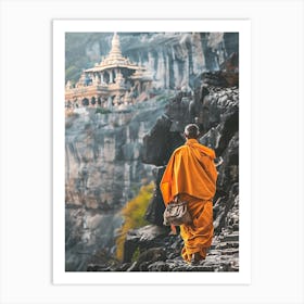 Monk Walking On Rocks Art Print