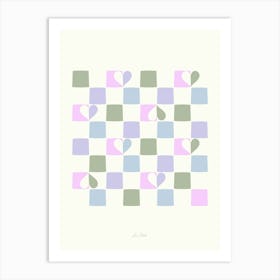 Checkerboard Hearts sage, pink and blue Art Print