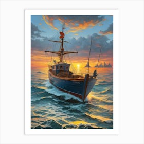 Fishing Boat At Sunset Art Print