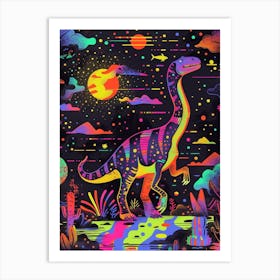 Cute Neon Brachiosaurus At Night Art Print