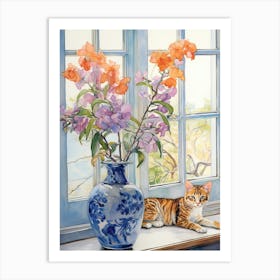 Cat With Peacock Orchid Flowers Watercolor Mothers Day Valentines 1 Art Print