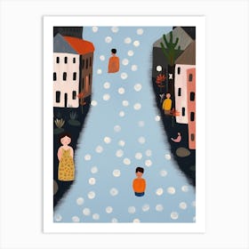 Amsterdam Canal Scene, Tiny People And Illustration 4 Art Print