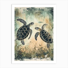 Vintage Sea Turtle Friends Illustration 3 Art Print