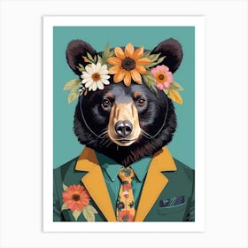 Floral Black Bear Portrait In A Suit (9) Art Print