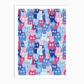 Blue and Pink Crazy Cats 1 Art Print