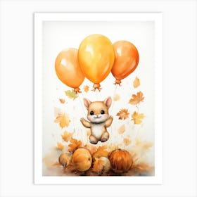 Rabbit Flying With Autumn Fall Pumpkins And Balloons Watercolour Nursery 4 Art Print