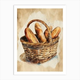 Rustic Bread In A Basket Watercolour Illustration 4 Art Print