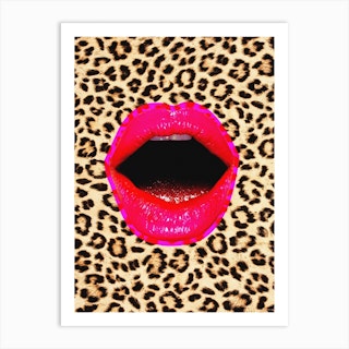 Leopard Hot Pink Lips Collage Brown Art Print