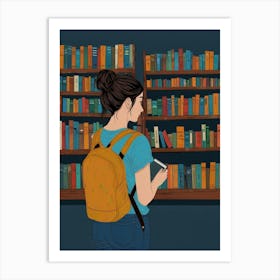 Girl Reading Book In Library 1 Art Print