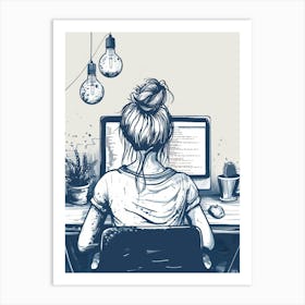 Illustration Of A Woman Working At A Computer Poster