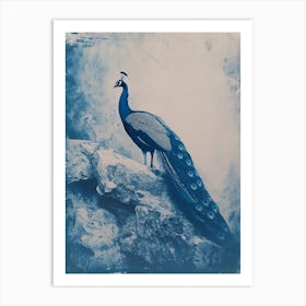 Navy Blue Peacock Portrait Cyanotype Inspired 2 Art Print