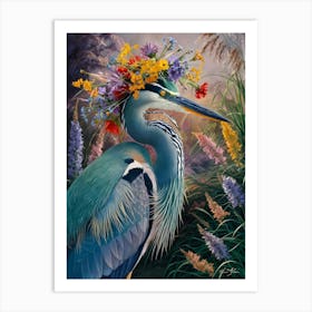 Blue Heron With Flowers 10 Art Print