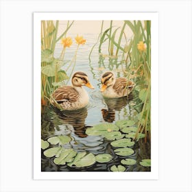 Ducklings With The Water Lilies Japanese Woodblock Style  2 Art Print