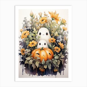 Cute Bedsheet Ghost, Botanical Halloween Watercolour 111 Art Print