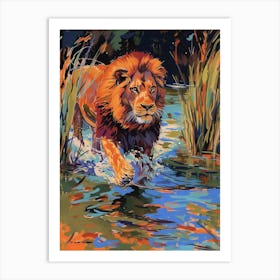Southwest African Lion Crossing A River Fauvist Painting 2 Art Print