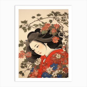 Omurasaki Japanese Aster Vintage Japanese Botanical And Geisha Art Print