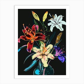 Neon Flowers On Black Bouquet 2 Art Print