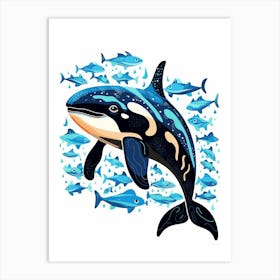 Orca Whale Pattern With Fish Blue 2 Art Print