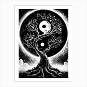 Black and White Yin Yang Space Tree Art Print