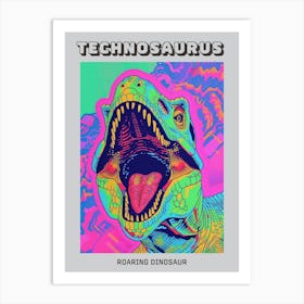 Roaring Neon Dinosaur Portrait Poster Art Print