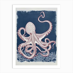 Navy Blue & Maroon Detailed Octopus 4 Art Print